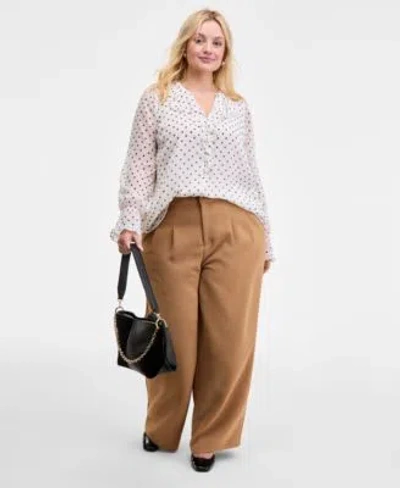 On 34th Trendy Plus Dot Print Long Sleeve Blouse Pleat Front Wide Leg Pants Macys Exclusive In White