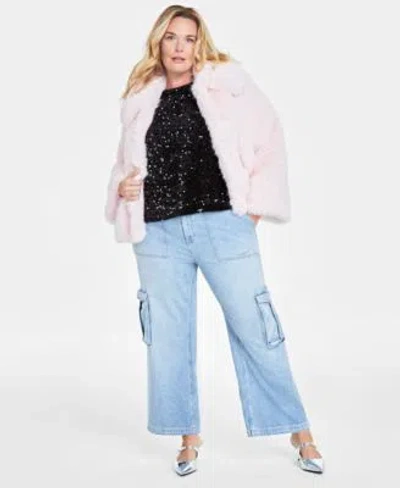 On 34th Trendy Plus Faux Fur Long Sleeve Teddy Jacket Velvet Sequin Short Sleeve Sweater Light Wash High Ris In Pink Dogwood
