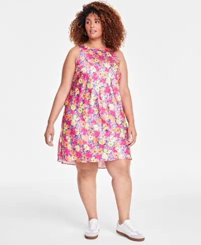 On 34th Trendy Plus Floral Satin Round-neck Mini Dress, Exclusively At Macy's In Fuchsia