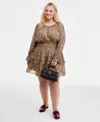 On 34th Trendy Plus Leopard-print Smocked-waist Long-sleeve Dress, Macy's Exclusive In Animal Print