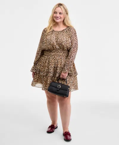 On 34th Trendy Plus Leopard-print Smocked-waist Long-sleeve Dress, Macy's Exclusive In Animal Print