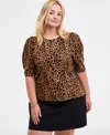 On 34th Trendy Plus Printed Ruched Puff-sleeve Crewneck Top, Macy's Exclusive In Animal Print