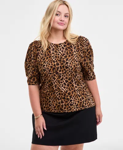 On 34th Trendy Plus Printed Ruched Puff-sleeve Crewneck Top, Macy's Exclusive In Animal Print