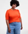 On 34th Trendy Plus Printed Ruched Puff-sleeve Crewneck Top, Macy's Exclusive In Orange