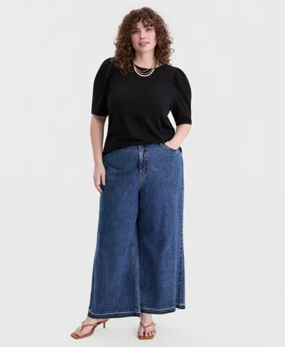 On 34th Trendy Plus Printed Ruched Puff-sleeve Crewneck Top, Macy's Exclusive In Black