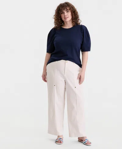 On 34th Trendy Plus Printed Ruched Puff-sleeve Crewneck Top, Macy's Exclusive In Blue