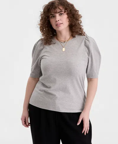 On 34th Trendy Plus Printed Ruched Puff-sleeve Crewneck Top, Macy's Exclusive In Gray