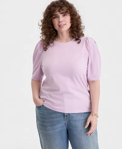On 34th Trendy Plus Printed Ruched Puff-sleeve Crewneck Top, Macy's Exclusive In Pink