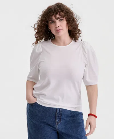 On 34th Trendy Plus Printed Ruched Puff-sleeve Crewneck Top, Macy's Exclusive In White
