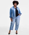 On 34th Trendy Plus Ribbed T Shirt Two Tone Denim Trucker Jacket Two Tone Wide Leg Jeans Macys Exclusive