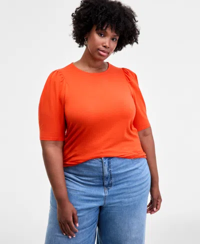 On 34th Trendy Plus Ruched Puff-sleeve Crewneck Top In Orange