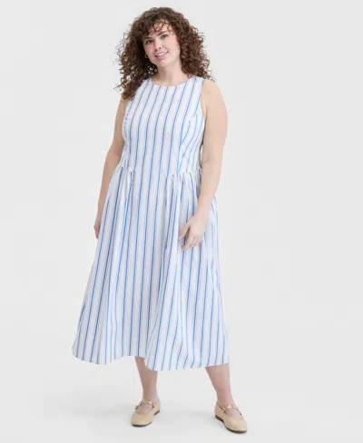 On 34th Trendy Plus Size Bayside Stripe Sleeveless Midi Dress, Macy's Exclusive In Blue