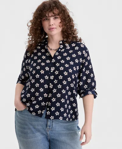 On 34th Trendy Plus Size Bloom Print Cropped Shirt, Macy's Exclusive In Black