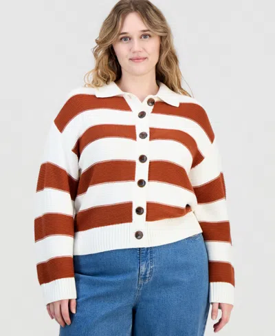 On 34th Trendy Plus Size Bold Stripe Button-front Cardigan Sweater, Macy's Exclusive In Winter Ivory Co