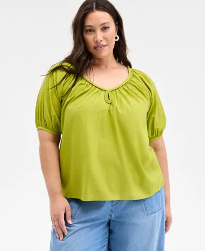 On 34th Trendy Plus Size Braided-trim Short-sleeve Top, Exclusively At Macy's In Green