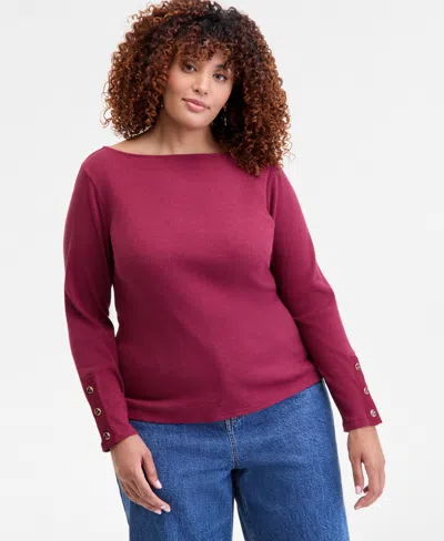 On 34th Trendy Plus Size Button-cuff Boatneck Top, Macy's Exclusive In Burgundy