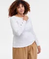 On 34th Trendy Plus Size Button-cuff Boatneck Top, Macy's Exclusive In White