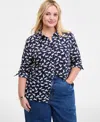 On 34th Trendy Plus Printed Button-front Blouse, Macy's Exclusive In Blue