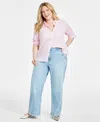 On 34th Trendy Plus Size Button-front Crepe Shirt, Created For Macy's In Pink Lilac Combo