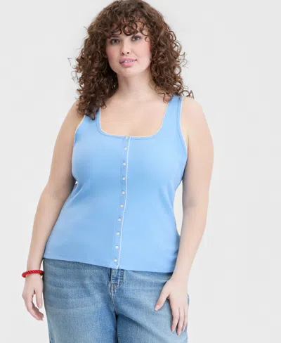 On 34th Trendy Plus Size Button-down Ribbed Tank, Macy's Exclusive In Blue