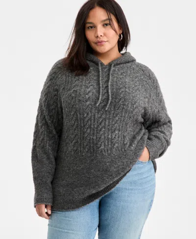 On 34th Trendy Plus Size Cable-knit Cozy Sweater Hoodie, Macy's Exclusive In Gray