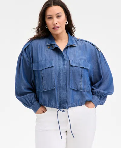 On 34th Trendy Plus Size Chambray Cropped Jacket, Exclusively At Macy's In Blue