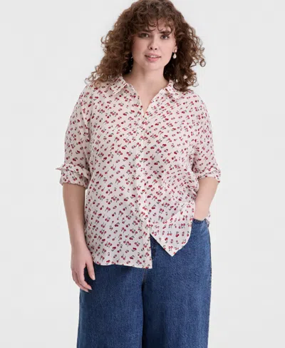 On 34th Trendy Plus Size Cherry Print Silky Shirt, Macy's Exclusive In Pink