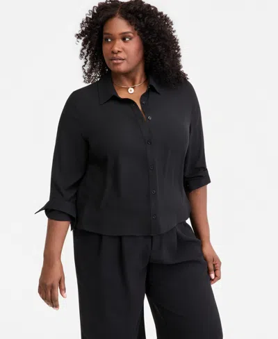 On 34th Trendy Plus Size Collared Button-front Shirt, Macy's Exclusive In Black