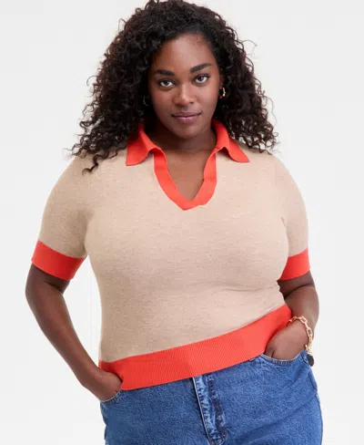 On 34th Trendy Plus Size Collared Contrast-trim Sweater, Macy's Exclusive In Orange