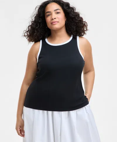 On 34th Trendy Plus Size Contrast Tipped Tank Top, Exclusively At Macy's In Black