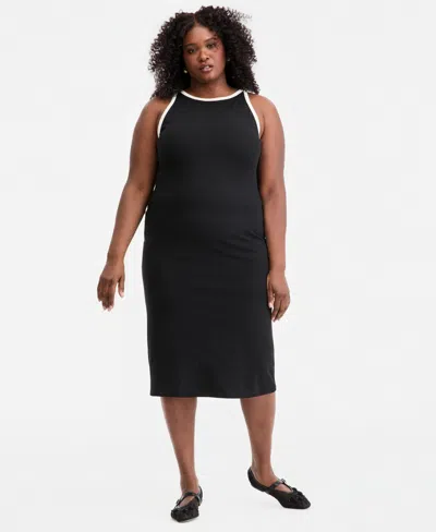 On 34th Trendy Plus Size Contrast-trim High-neck Sleeveless Midi Dress, Macy's Exclusive In Black