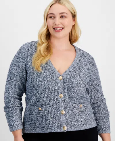 On 34th Trendy Plus Size Cotton Button-front Cardigan, Created For Macy's In Denim Blu Combo