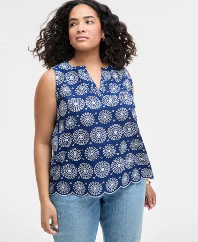 On 34th Trendy Plus Size Cotton Eyelet Split-neck Tank, Exclusively At Macy's In Blazing Na