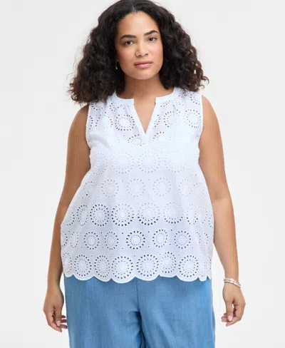 On 34th Trendy Plus Size Cotton Eyelet Split-neck Tank, Exclusively At Macy's In Bright Whi