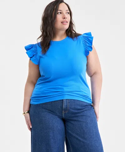 On 34th Trendy Plus Size Crewneck Flutter-sleeve Top, Created For Macy's In Beach Blue