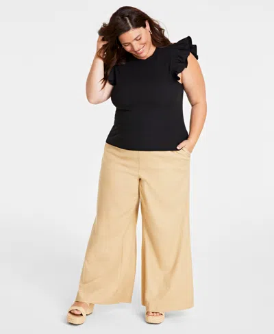 On 34th Trendy Plus Size Crewneck Flutter-sleeve Top, Created For Macy's In Deep Black