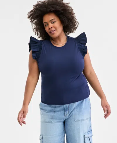 On 34th Trendy Plus Size Crewneck Flutter-sleeve Top, Created For Macy's In Intrepid B