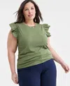 On 34th Trendy Plus Size Crewneck Flutter-sleeve Top, Created For Macy's In Olivine