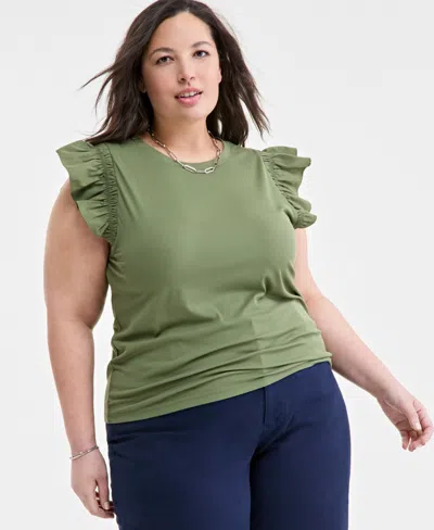 On 34th Trendy Plus Size Crewneck Flutter-sleeve Top, Created For Macy's In Olivine