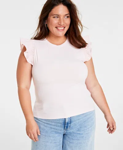 On 34th Trendy Plus Size Crewneck Flutter-sleeve Top, Created For Macy's In Pink Dogwood