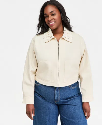 On 34th Trendy Plus Size Crocheted-collar Denim Jacket, Macy's Exclusive In Neutral