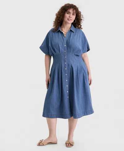 On 34th Trendy Plus Size Denim Pleated Shirtdress, Macy's Exclusive In Blue