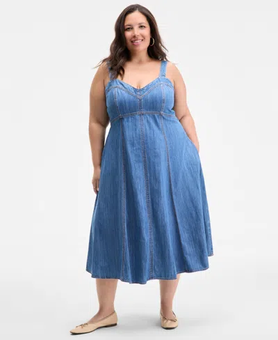 On 34th Trendy Plus Size Denim Sweetheart-neck Midi Dress, Exclusively At Macy's