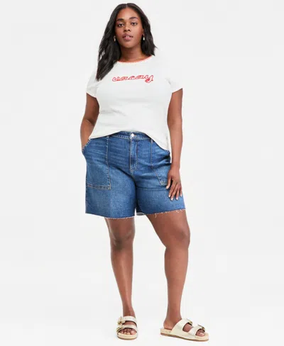 On 34th Trendy Plus Size Denim Utility Shorts, Macy's Exclusive In Blue