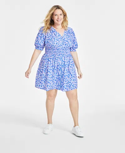 On 34th Trendy Plus Size Ditsy Floral Zip-front Mini Dress, Created For Macy's In Regatta Combo
