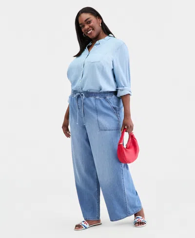 On 34th Trendy Plus Size Drawstring-waist Wide-leg Jeans, Macy's Exclusive In Blue