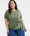 On 34th Trendy Plus Size Elbow-sleeve Tie-waist T-shirt, Exclusively At Macy's In Olivine