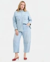 On 34th Trendy Plus Size Embellished Collar Denim Shirt Embellished Cropped Barrel Leg Jeans Macys Exclusive In Blue