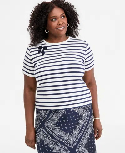 On 34th Trendy Plus Size Embroidered Striped Short-sleeve Top, Macy's Exclusive In White