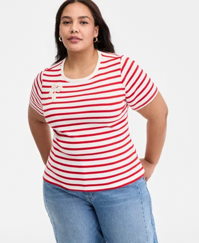 On 34th Trendy Plus Size Embroidered Striped Short-sleeve Top, Macy's Exclusive In Multi